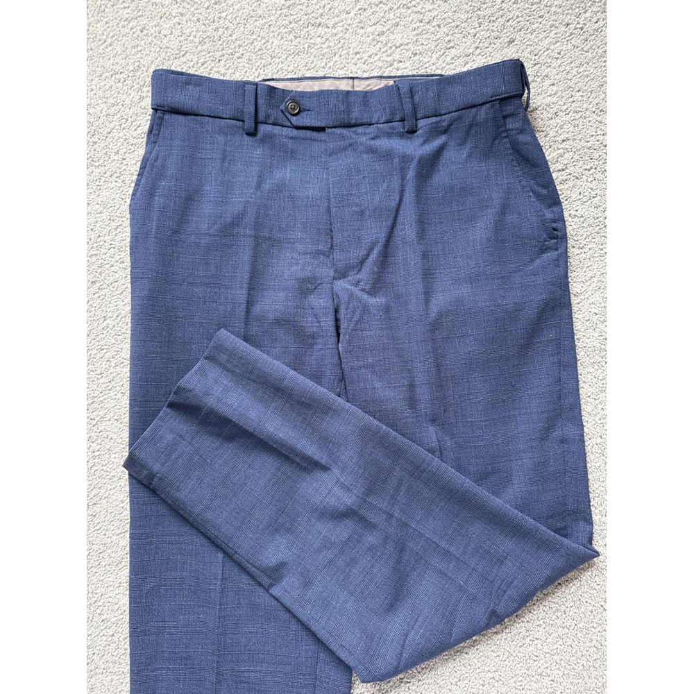 Men Comfort Waist Year'rounder Stretch Wool‎ Dress Pants Blue Traditional Fit 33